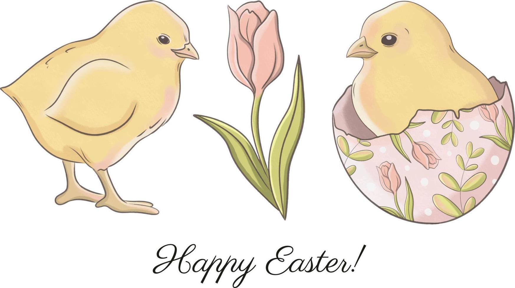 Cute easter clipart set with pink tulip and yellow chick vector