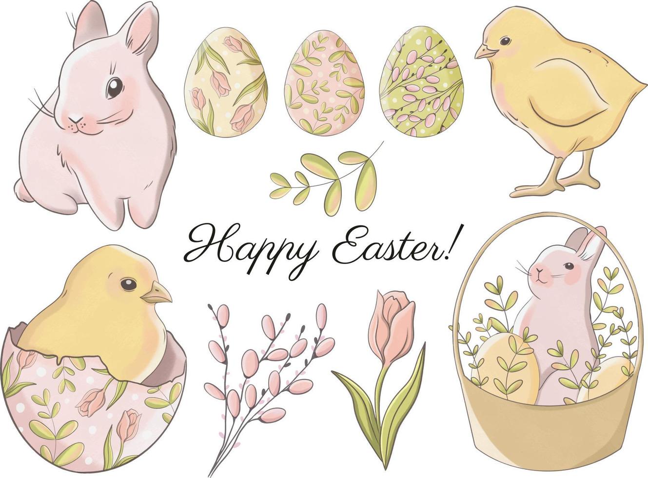 Cute easter clipart set with chicks, bunny, eggs  and flowers vector