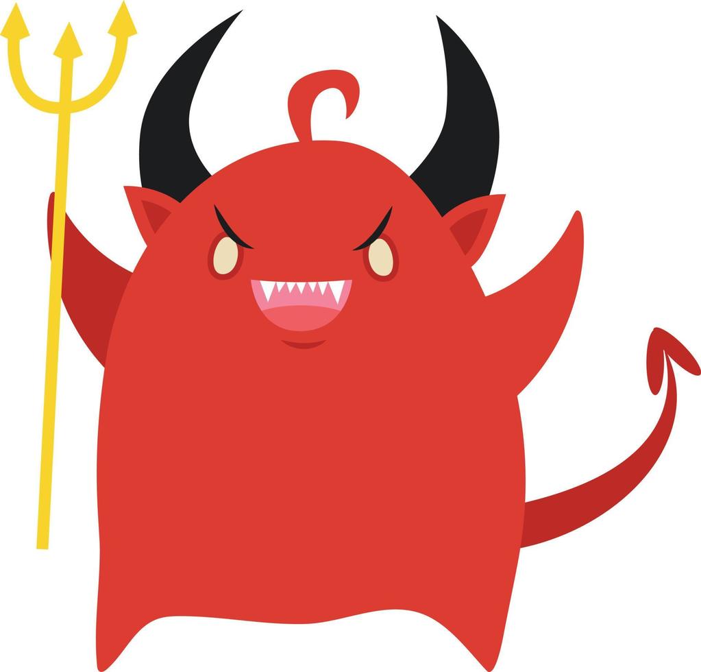 Vector illustration of cute little red devil standing with pitchfork on white background