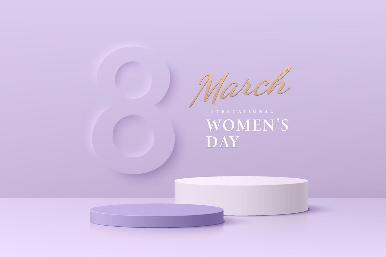 Realistic white and purple 3D cylinder pedestal podium set with text 8 march international women. Minimal scene for products showcase, Stage promotion display. Vector abstract studio room platform.