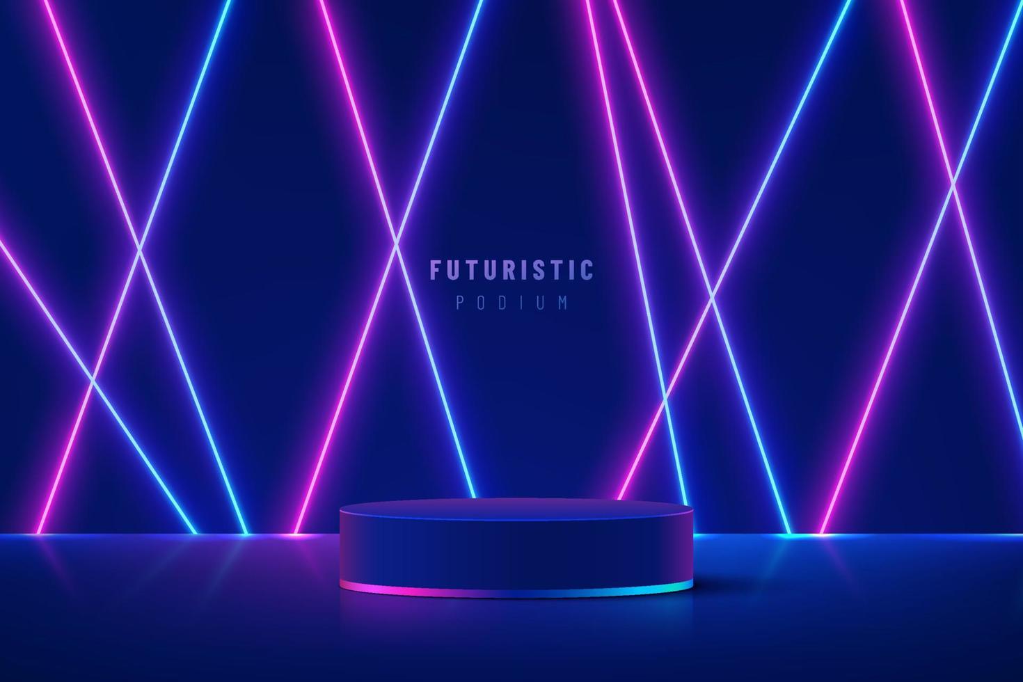 Realistic blue cylinder pedestal podium with illuminate glowing light line neon lamp in futuristic style. Minimal scene for products showcase, Stage promotion display. Vector abstract room platform.