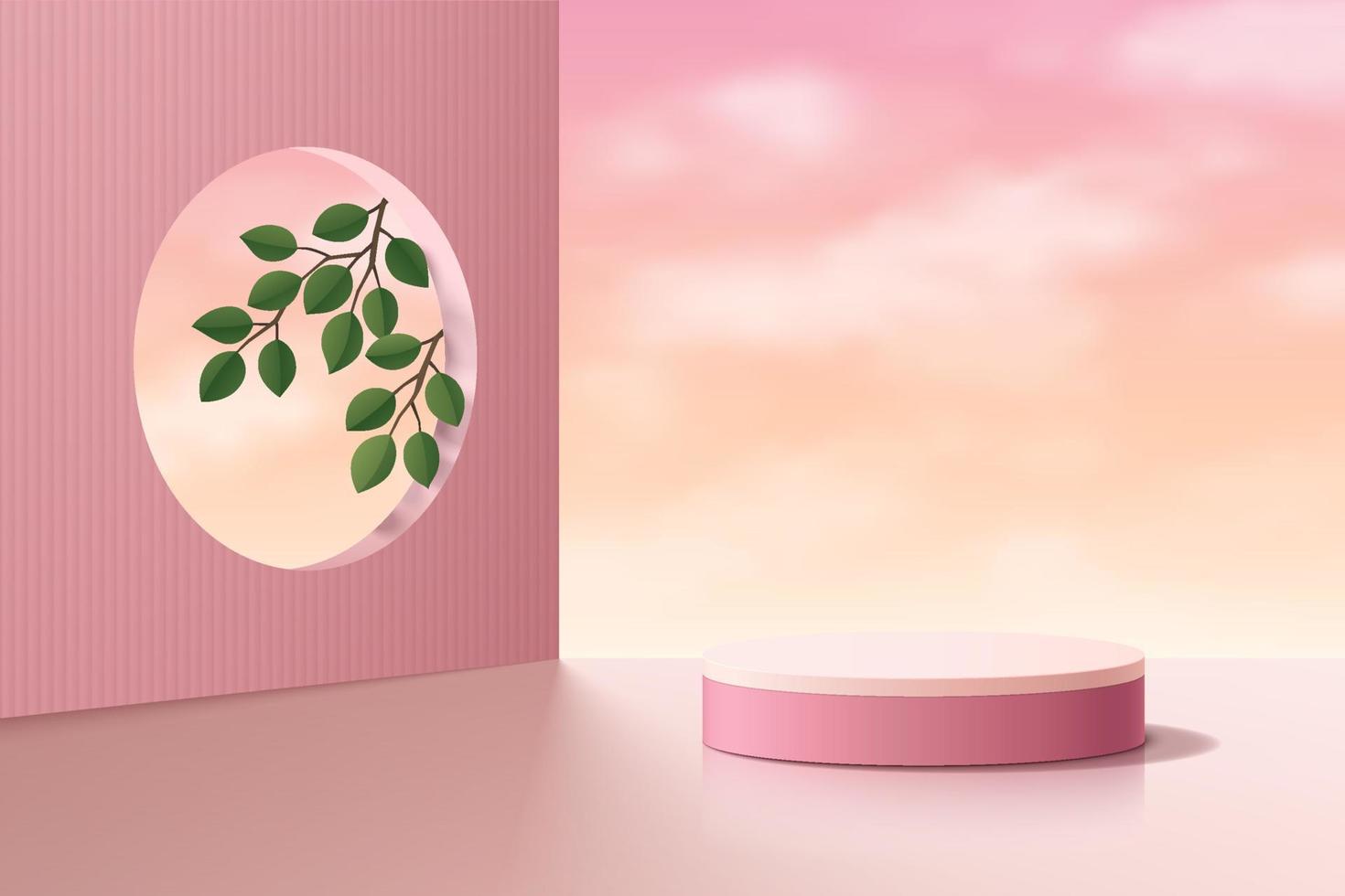 Realistic pink 3D cylinder pedestal podium with cloud vanilla sky and green leaf in circle window. Abstract studio room geometric platform. Minimal scene for products stage showcase, Promotion display vector