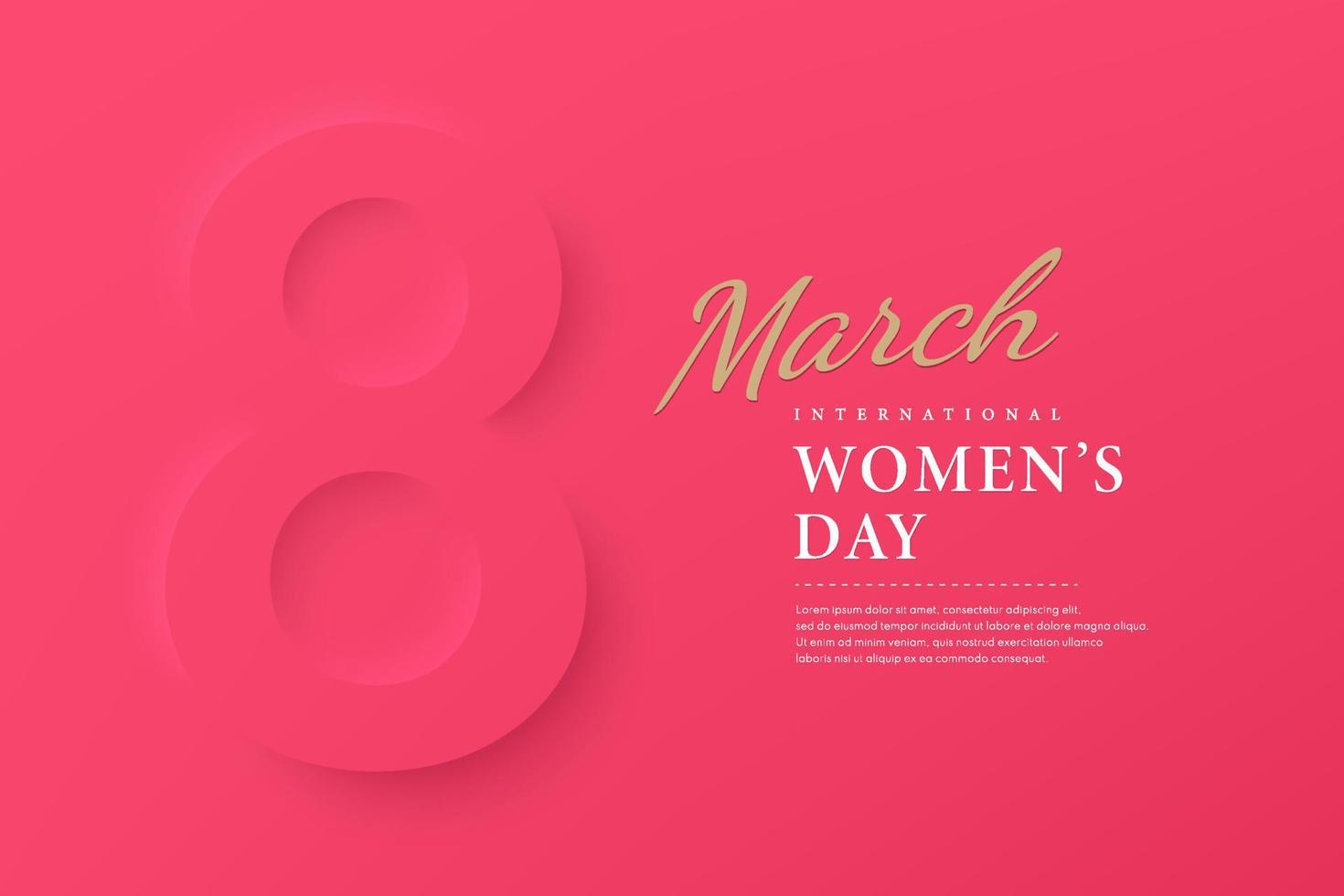 3D Symbol of March 8 on beautiful bright pink background. Happy international Women's day celebrations concept. Paper greeting card with number and date. Vector illustration EPS10