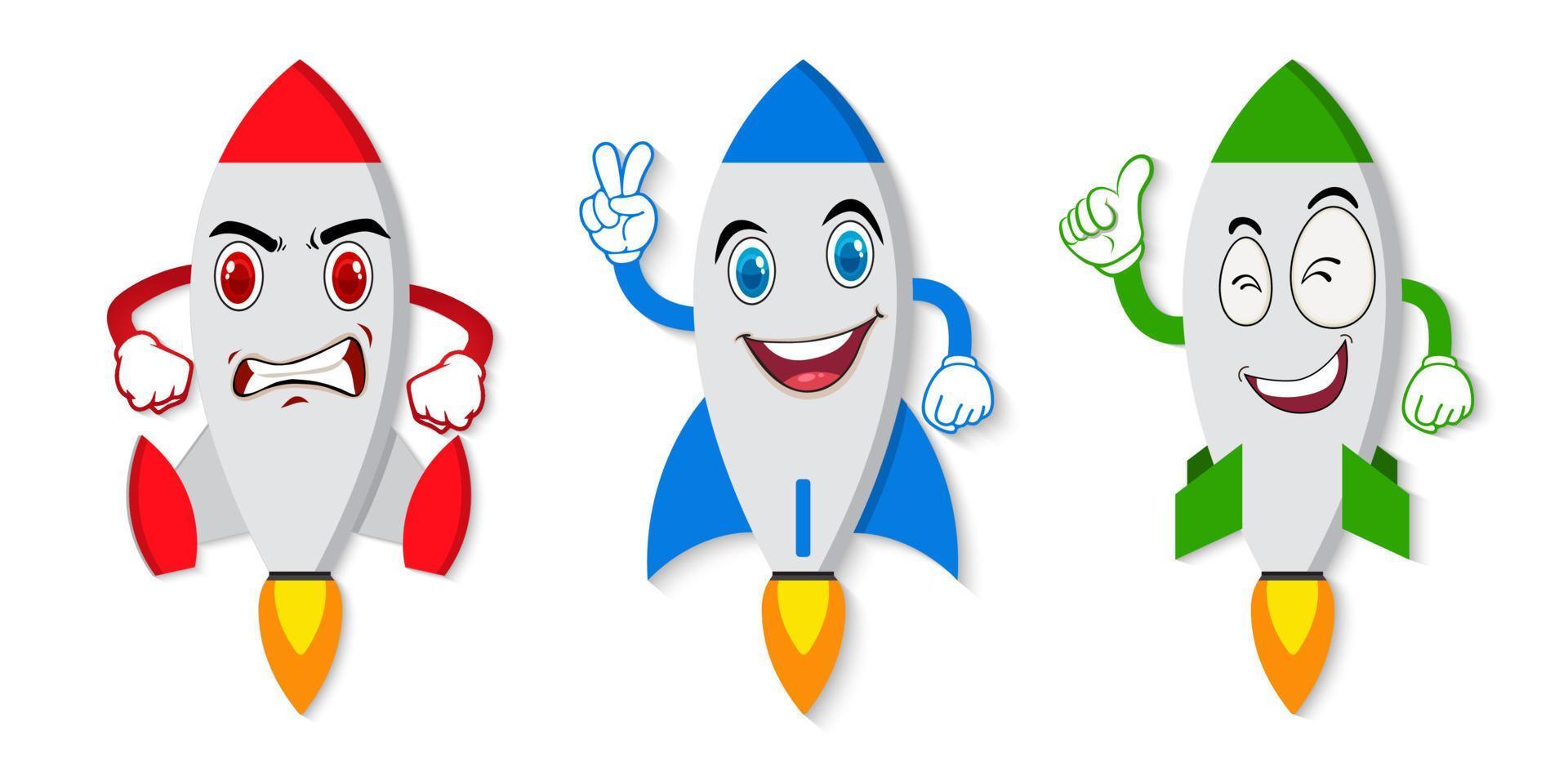 Collection of rocket cartoon vector icon illustration. Set rocket cartoon different expressions of cartoon face vector illustrations. Rocket mascot vector