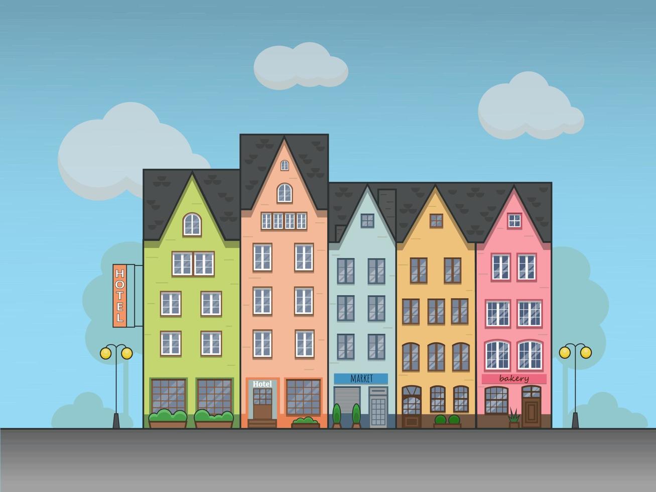 Stock vector flat Illustration. Historical buildings. Colorful old town. Travel landmark. Stylized flat illustration of an old European city.