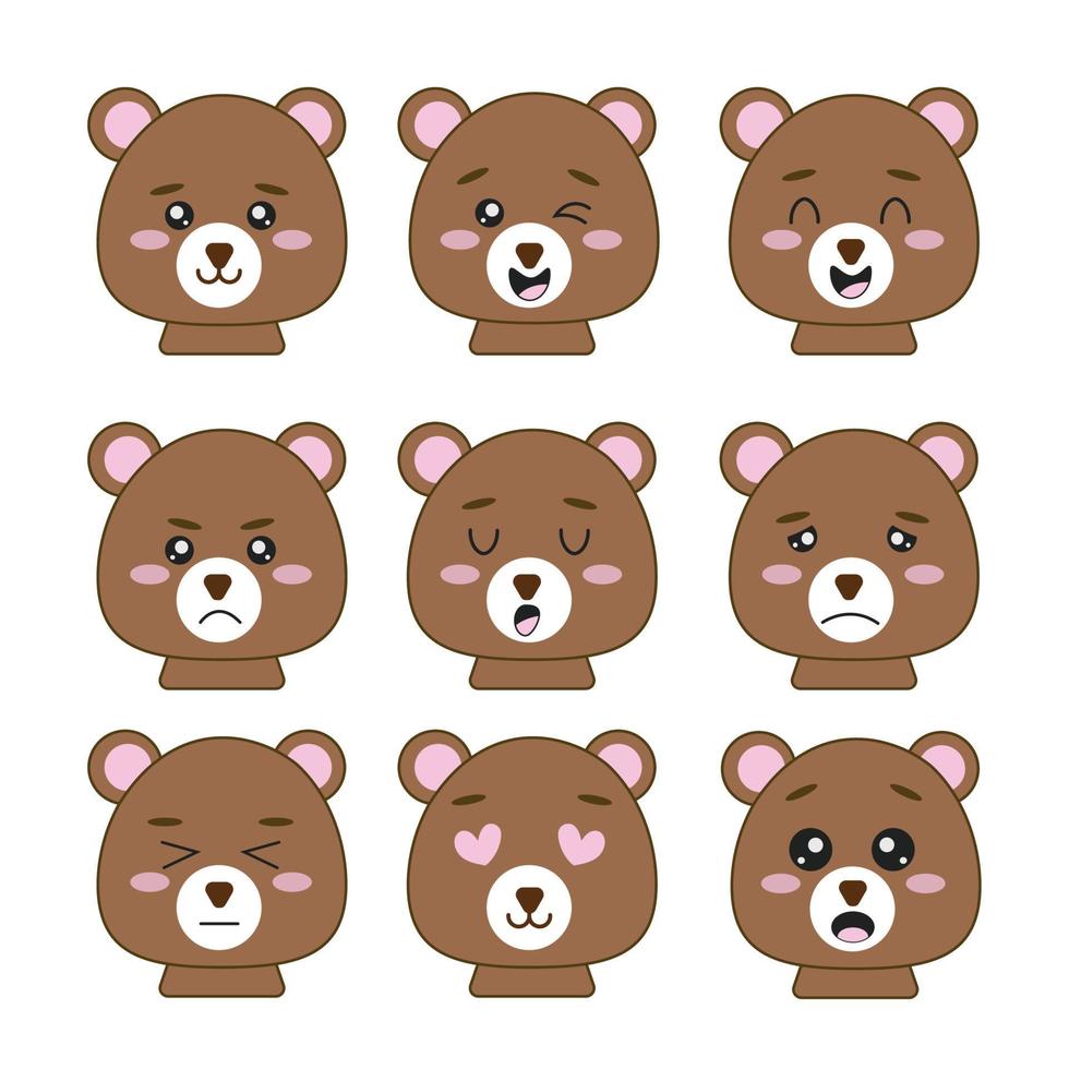 A set of images with a cute teddy bear and different emotions. Images for the design of stickers, cover, wallpaper, packaging, paper or fabric. Illustration for children with a cute teddy bear to demo vector