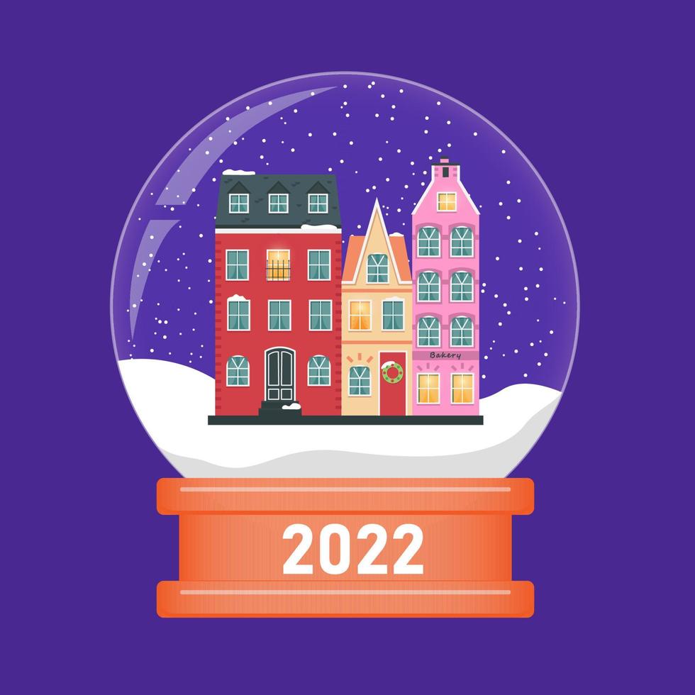 A glass snow globe with europeanstyle houses vector illustration in a simple style