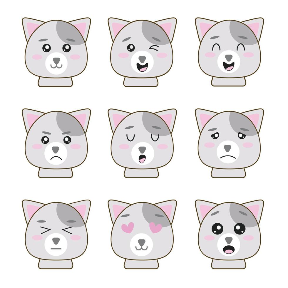 Kawaii Cute Cat Face with Ears. Positive Emotions. Cartoon Vector