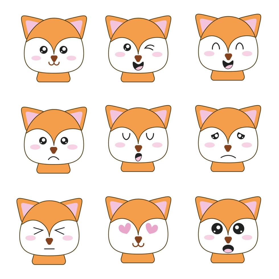 A set of images with a cute fox and different emotions. Images for the design of stickers, cover, wallpaper, packaging, paper or fabric. Illustration for children with a cute fox to demo vector