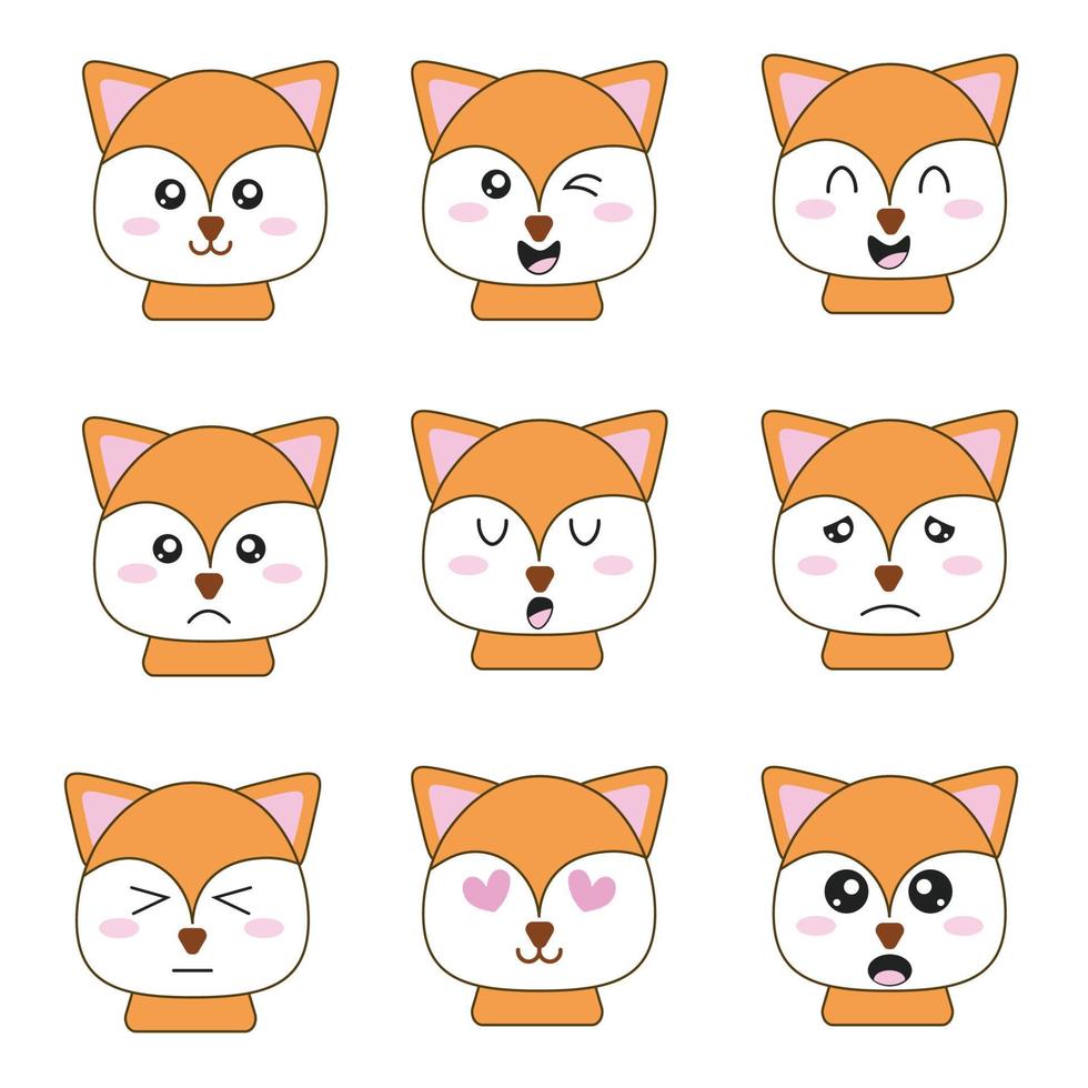 A set of images with a cute fox and different emotions. Images for the design of stickers, cover, wallpaper, packaging, paper or fabric. Illustration for children with a cute fox to demo vector