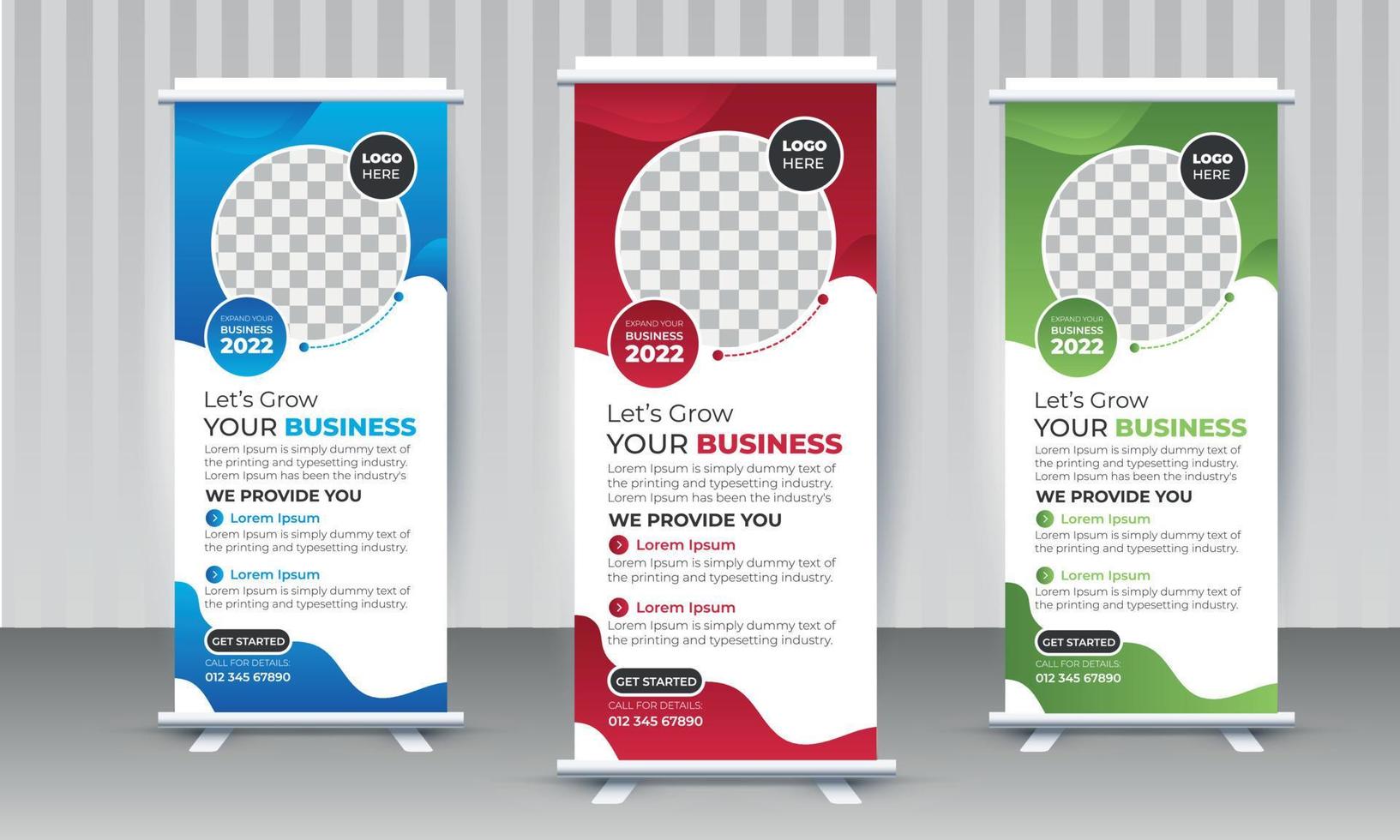 Modern Corporate Business Roll-Up Banner Design Template with multiple Color Blue, Red, Green vector