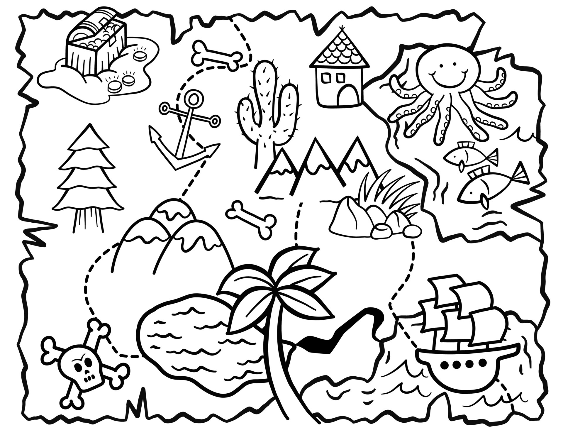 Cute Kids Doodle Treasure Map Coloring Page Vector 