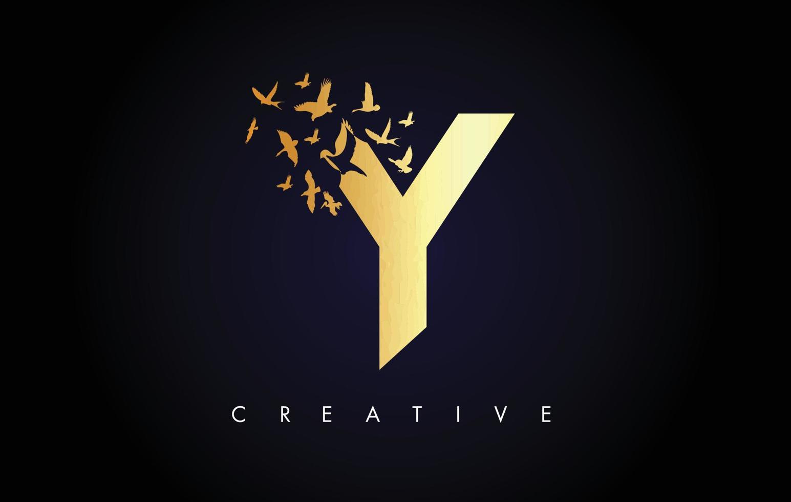 Golden Y Logo Letter with Flock of Birds Flying and Disintegrating from the Letter. vector
