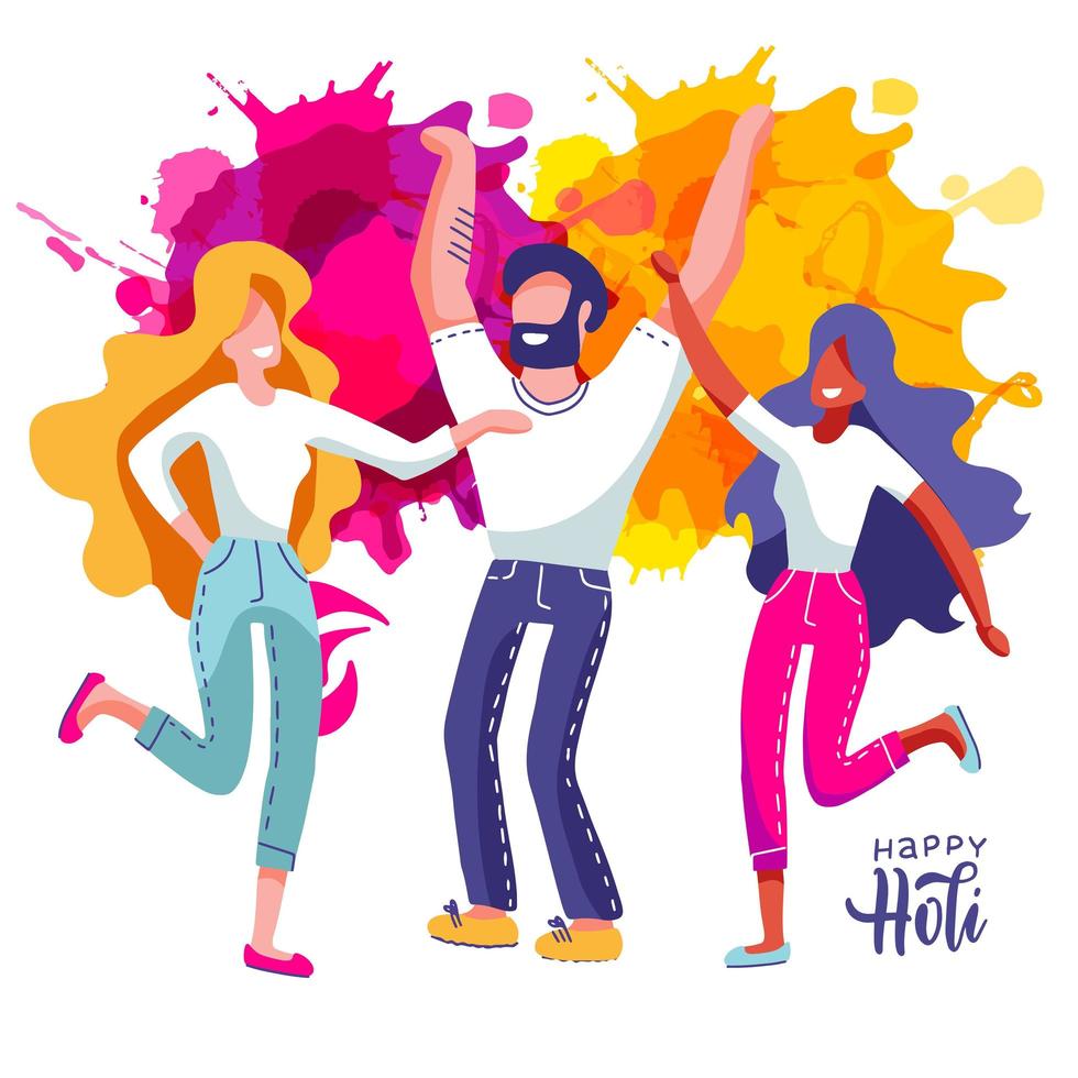 Group of young people celebrates Holi. Set of Man and women throw colored paint splashes. Vector illustration in flat cartoon style