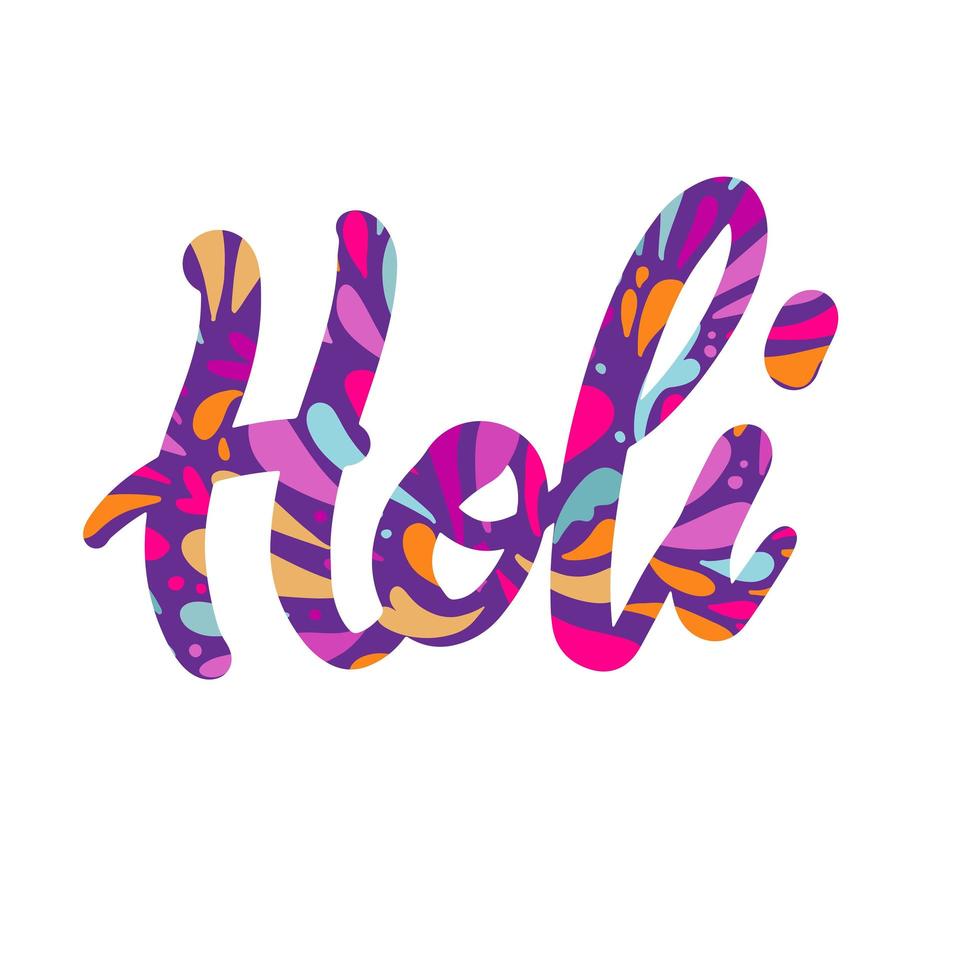 Holi colorful calligraphic lettering poster. Colorful hand written font with paint splashes. Vector flat illustration