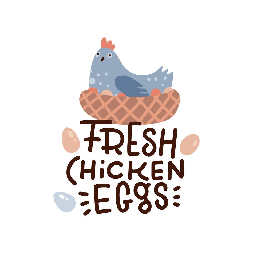 Linda gallina poniendo huevos en su nido aislado sobre fondo blanco. huevos de gallina frescos - texto con letras. ilustración vectorial plana. vector