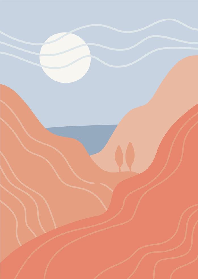 Abstract minimalistic art landscape. Panorama of the mountains, the sea and the hot white sun. Vector flat hand drawn graphics.