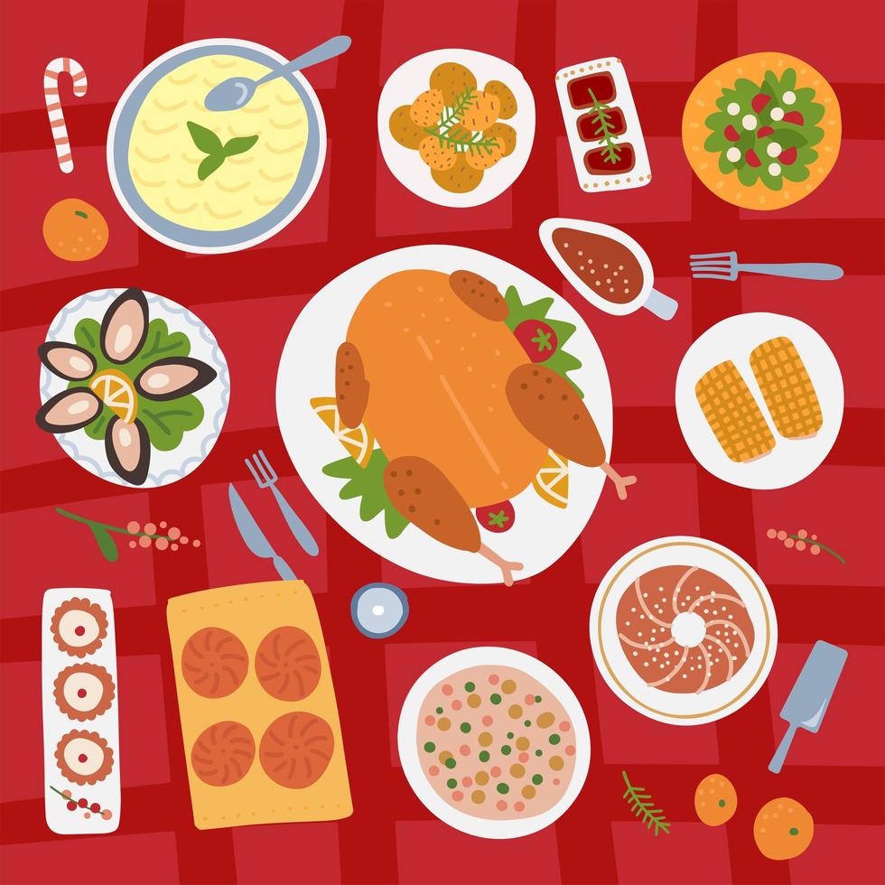 fiesta de navidad vista desde arriba. platos navideños tradicionales sobre fondo de mantel rojo. comida festiva en una mesa. vista superior sobre la comida festiva de año nuevo. ilustración dibujada a mano plana vectorial. vector