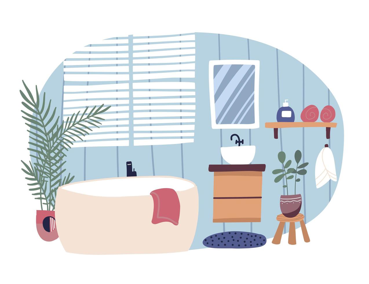 baño interior amueblado con bañera y lavabo. bañera moderna en una habitación acogedora. Ilustración de vector plano colorido aislado sobre fondo blanco. concepto de estilo escandinavo.