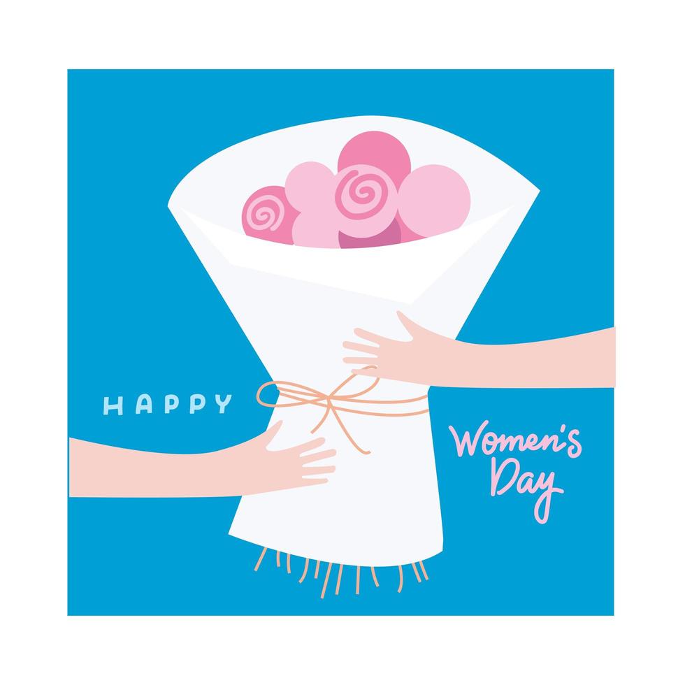 tarjeta de felicitación con manos femeninas humanas sosteniendo un gran ramo, ramo de flores de rosa abstractas. letras de texto del día de la mujer feliz. ilustración wector, san valentín, diseño de postal del 8 de marzo para pancarta, afiche vector