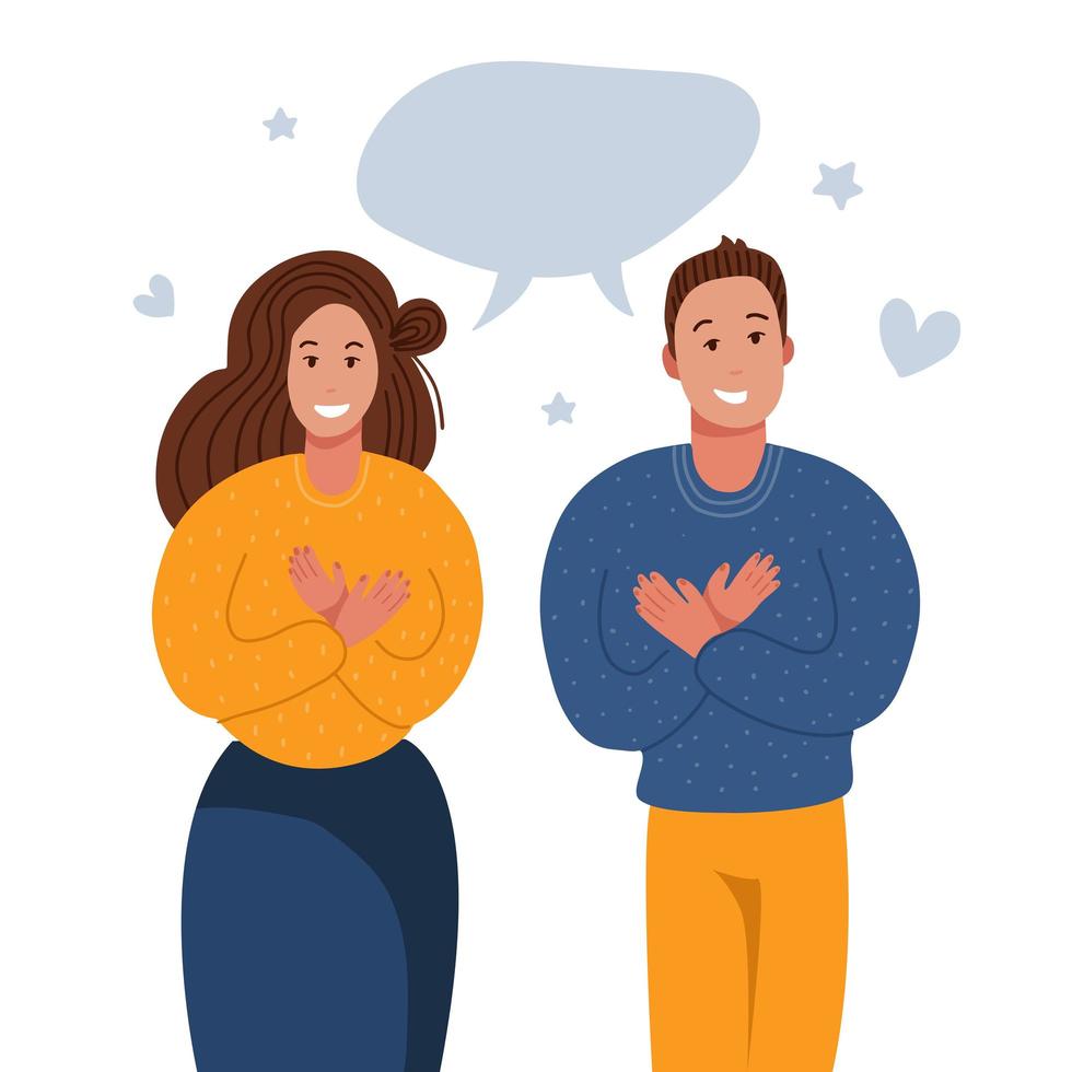 Grateful people saying thank you. Man and woman keeping hands on chest, expresses gratitude, being thankful for help and support. Flat vector illustration