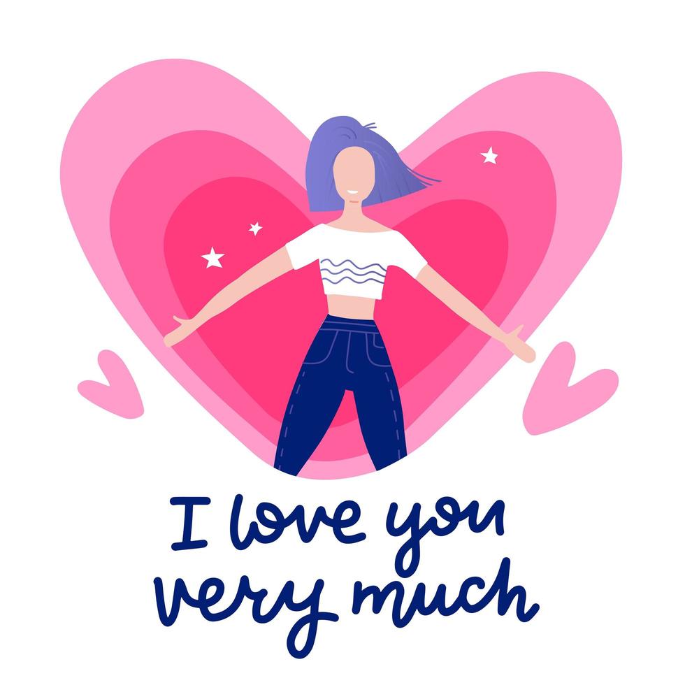 chica que se enamora de los textos con letras - te quiero mucho - con el corazón en el fondo. lindo vector, dibujos animados, tarjeta de decoración del día de san valentín, banner, sitio web. vector