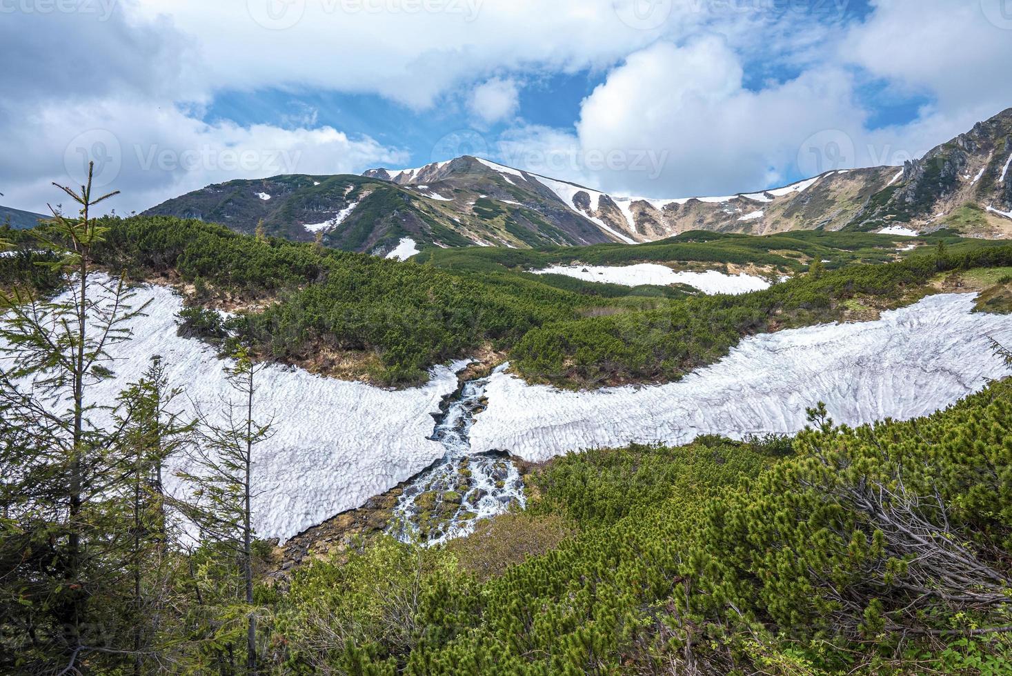 Stream of water flowing with snow covered from both sides on slope of hill photo