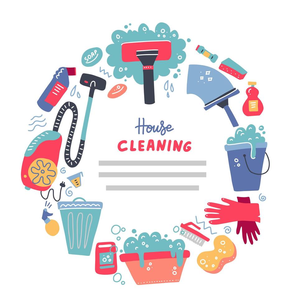 Cleaning Tools Banner for House Services. Flat Design Style. Vector illustration for cleaning service design. Frame with space for text with lettering