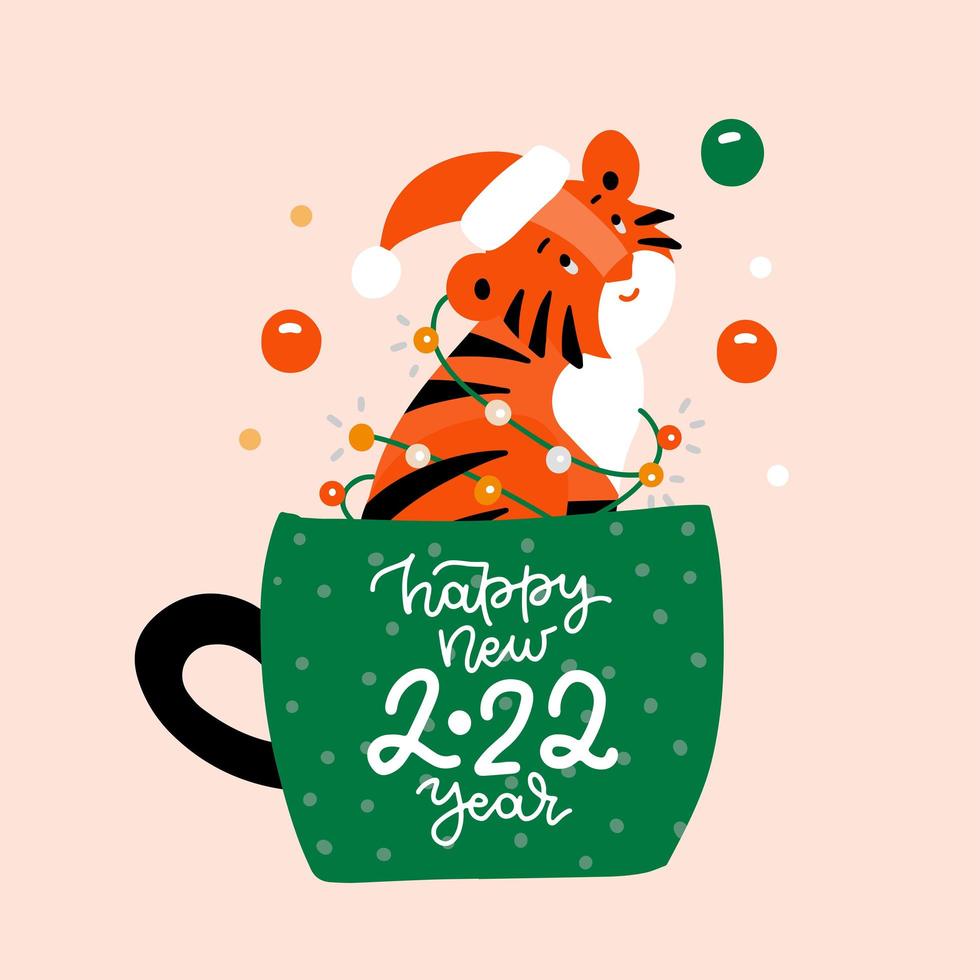 Cute tiger cub is sitting in a cup of coffee. Wild kitty character. Modern poster for prints, kid greeting card, poster, t-shirts. Vector flat illustration with lettering Happy new 2022 year.