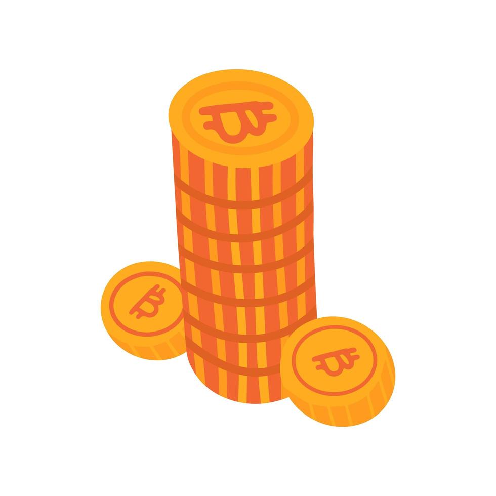 Stack of bitcoin gold coins with 2 separate coins isolated on white. Vector flat hand drawn illustration. Crypto currency element, virtual electronic, internet money.