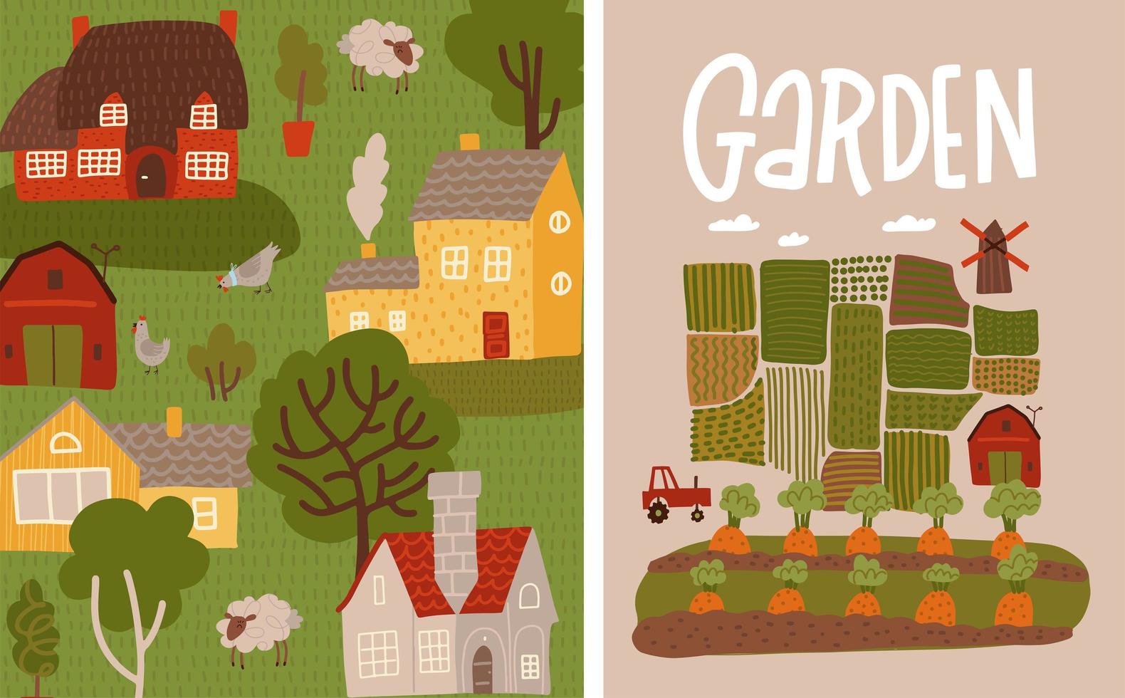 jardín, conjunto de pancartas agrícolas. concepto de afiche de jardinería y agricultura con texto de letras. Mapa de vista superior de camas de jardín de verduras, paisaje de campo. ilustración vectorial plana. vector