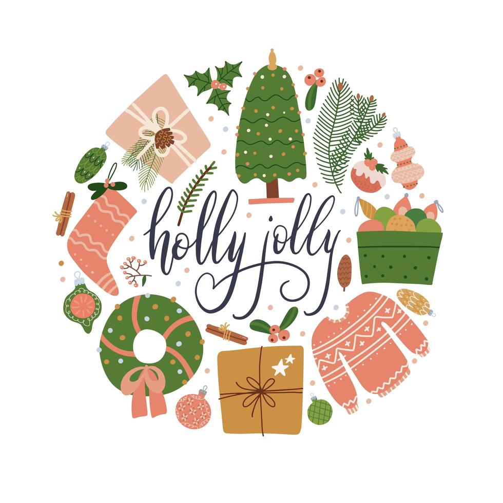 Different Christmas elements in a circle design, with lettering quote Holly Jolly. Isolated objects on white background. Concept card, invite. Hand drawn flat vector illustration