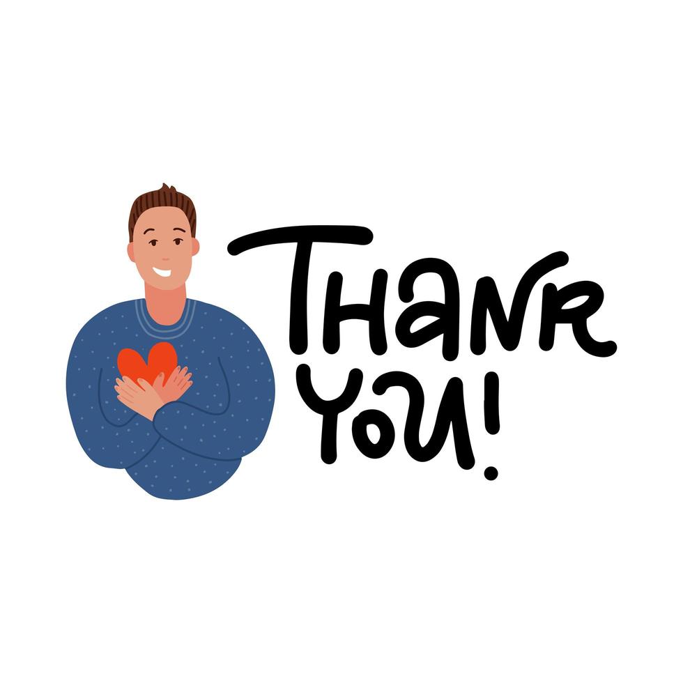 Young man keeping hands on chest and holding heart. Smiling friendly man expressing gratitude. Emotion and body language concept . Flat cartoon style vector illustration.
