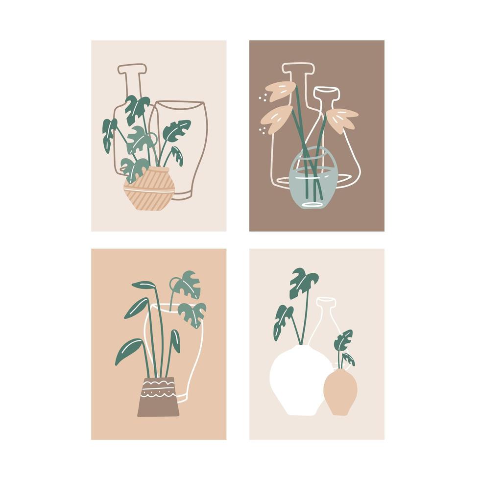 Set of 4 creative minimalistic posters for home decor, greeting card designs. Abstract pastel vector illustrations with hand drawn design pastel elements, plants, vases, lines, geometric shapes.