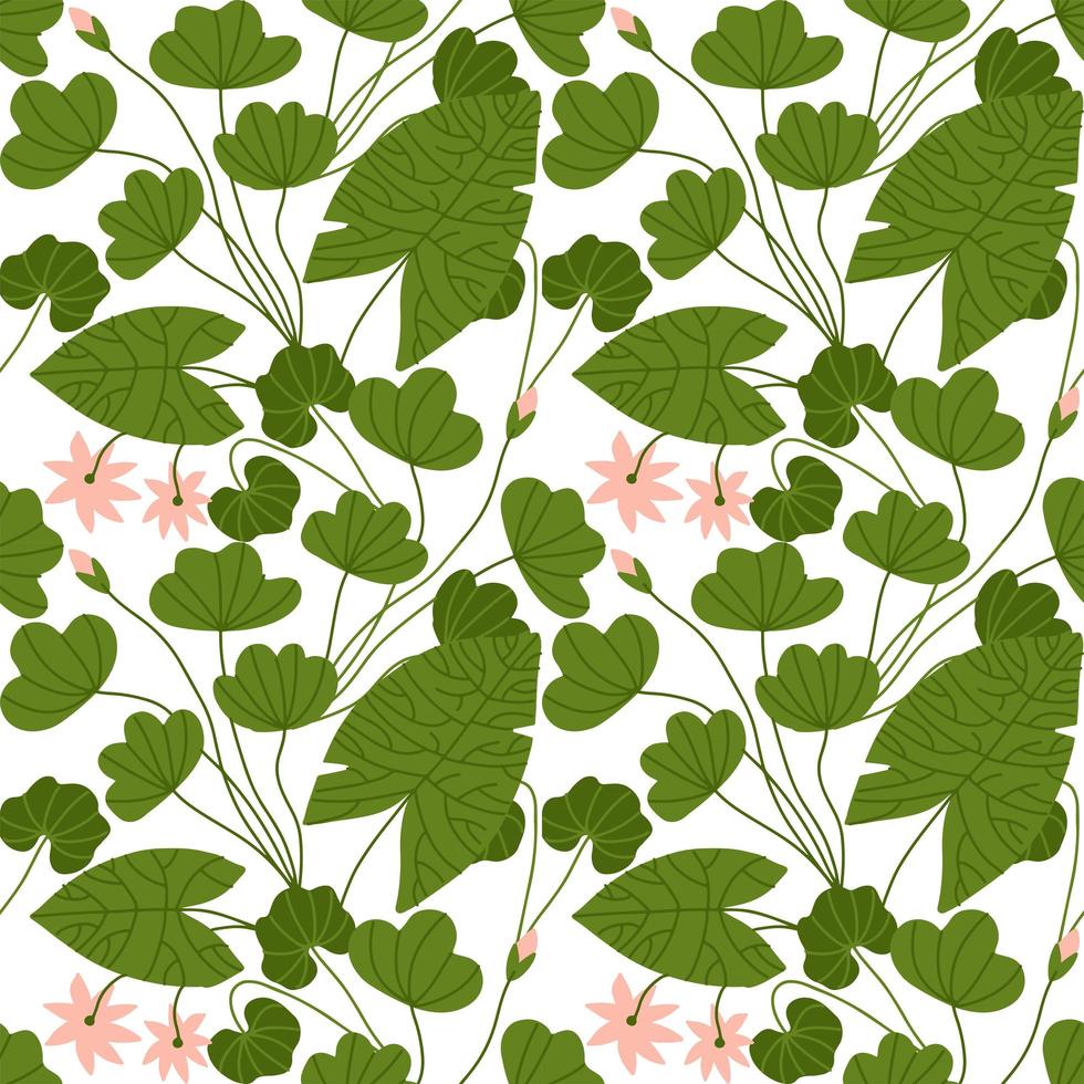 Seamless pattern with delicate lotus flowers and green leaves. For decoration of textiles, packaging and web design. Hand drawn flat vector illustration.