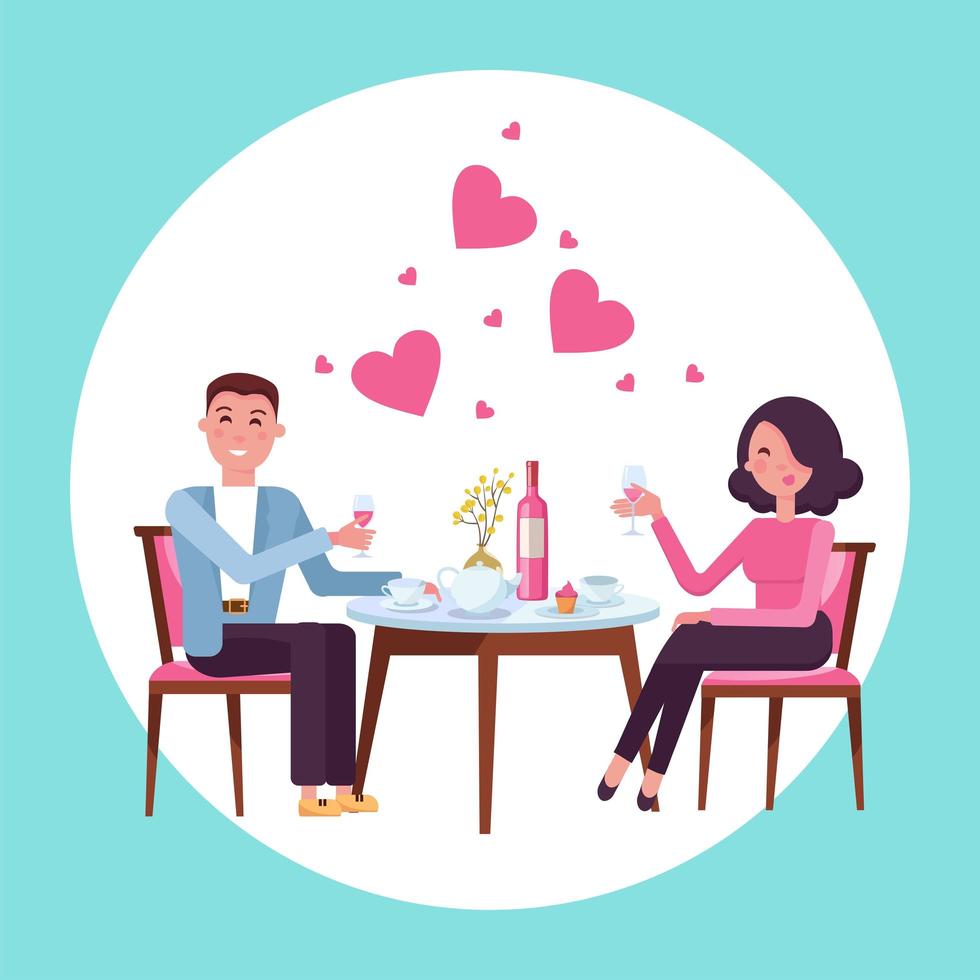 Romantic Valentine s day date of man and woman in restaurant. Couple in love. People sitting at the table with a glass of wine. Romance relationship. Isolated flat vector illustration