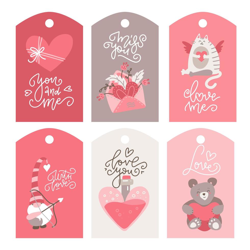 Valentine s Day tag set. Symbol envelope with love letter, cat, teddy, heart jar, gnome. Hand drawn paper label collection. Minimal design for print greeting card, poster. Vector flat Illustration