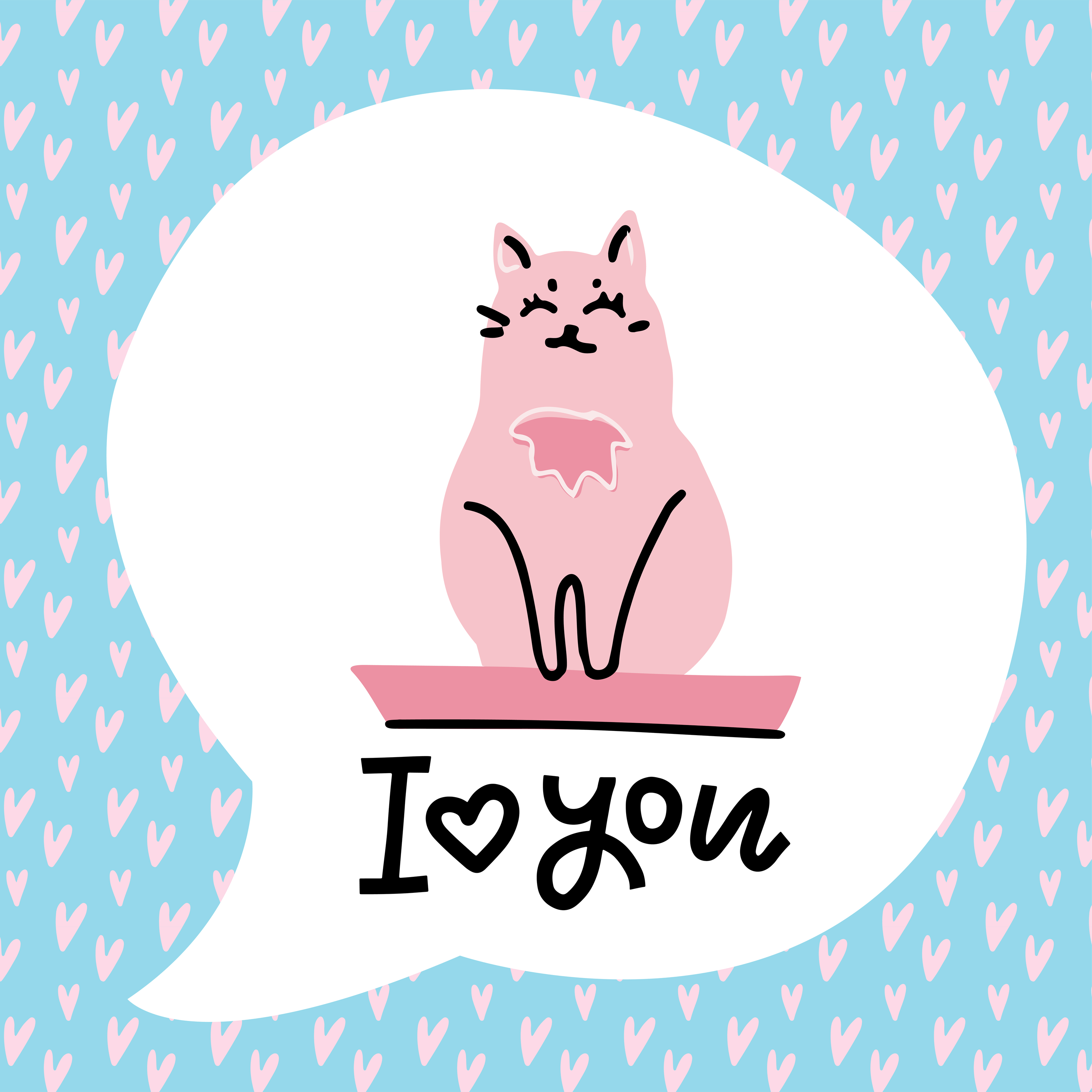 Animal greeting card with pink cat. Lettering - I love you. Hand drawn cute  cat. Cartoon scandinavian character. Love greeting card. Flat design style.  Saint Valentine s Day template. 6013797 Vector Art