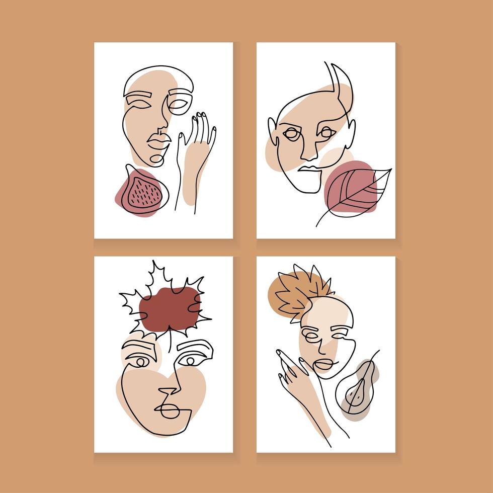 Set contemporary minimalistic art A4 poster in abstract art style, made of simple shapes and lines. Woman s face with autumn leaves and fruits. Vector hand drawn illustration.
