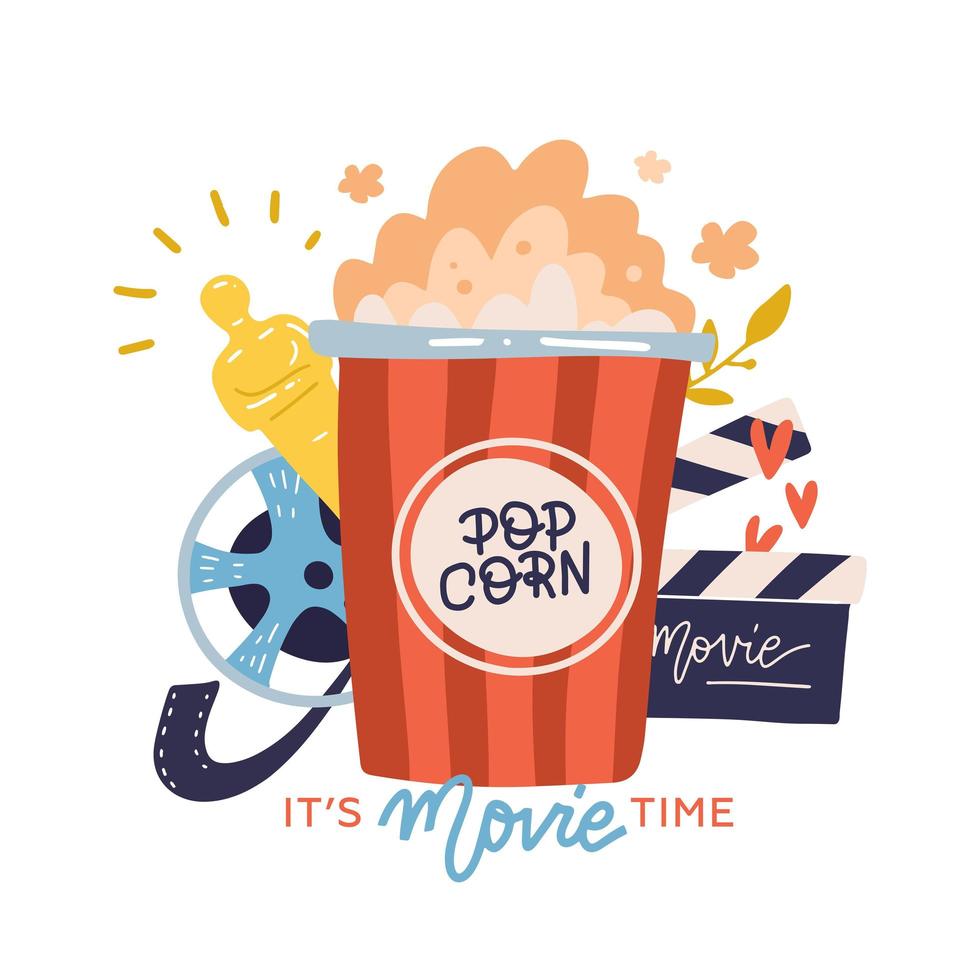 It s movie time - print concept with lettering, watching cinema with popcorn, film reel, movie cracker. Flat vector hand drawn illustration.