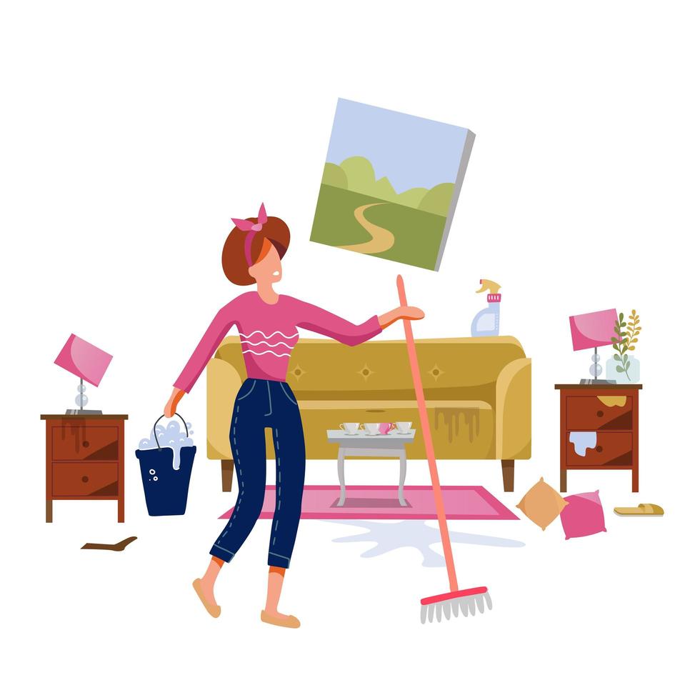 Woman cleaning dirty living room with a mop and a bucket of water. Floor washing. Spring cleanong concept. Flat vector illustration.