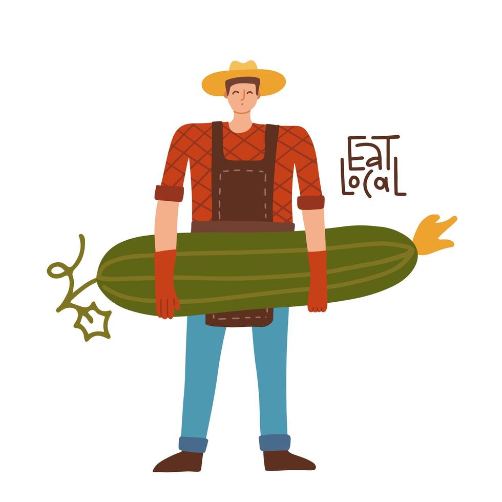 Young Farmer Man Carrying Big Cucumber. Male gardener Character with Natural Organic Vegetable. Eat local concept. Vector flat hand drawn Illustration.