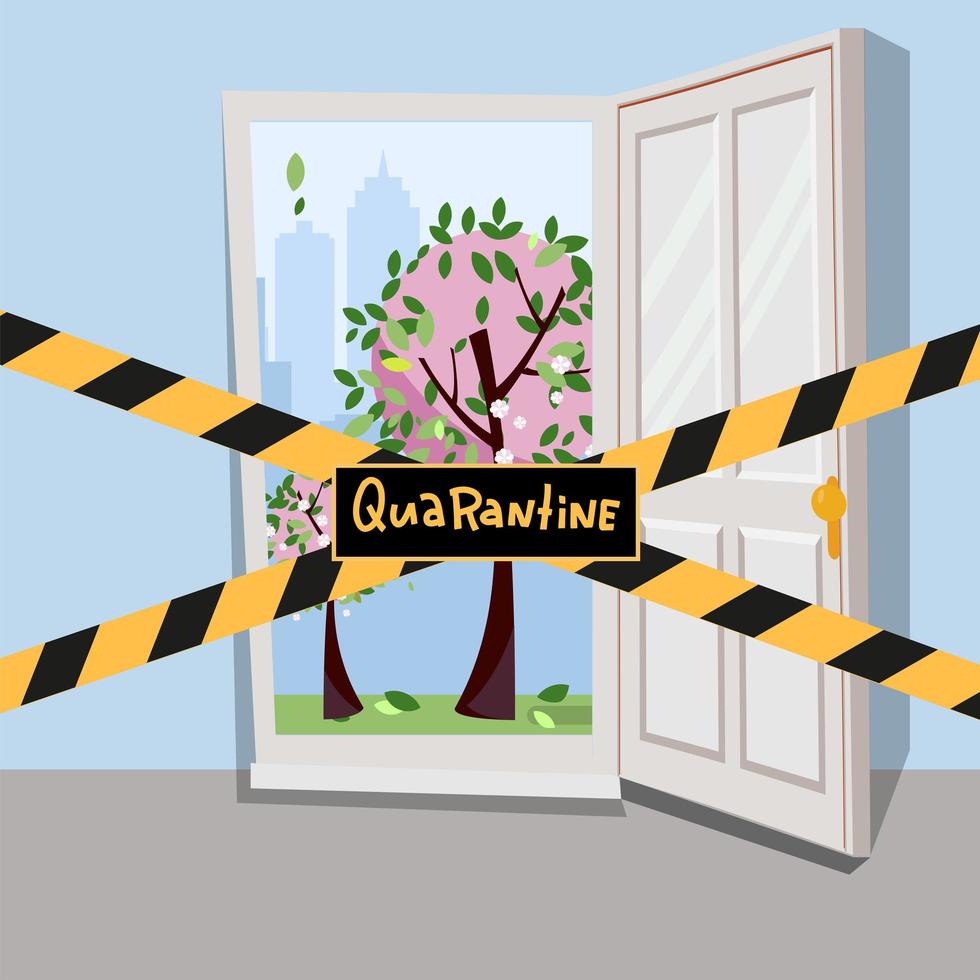 Yellow police crime scene danger tape. Do not cross. Police tape across open door. COVID-19 outbreak, quarantine concept. Coronavirus pandemic self isolation, protection. Flat vector illustration.