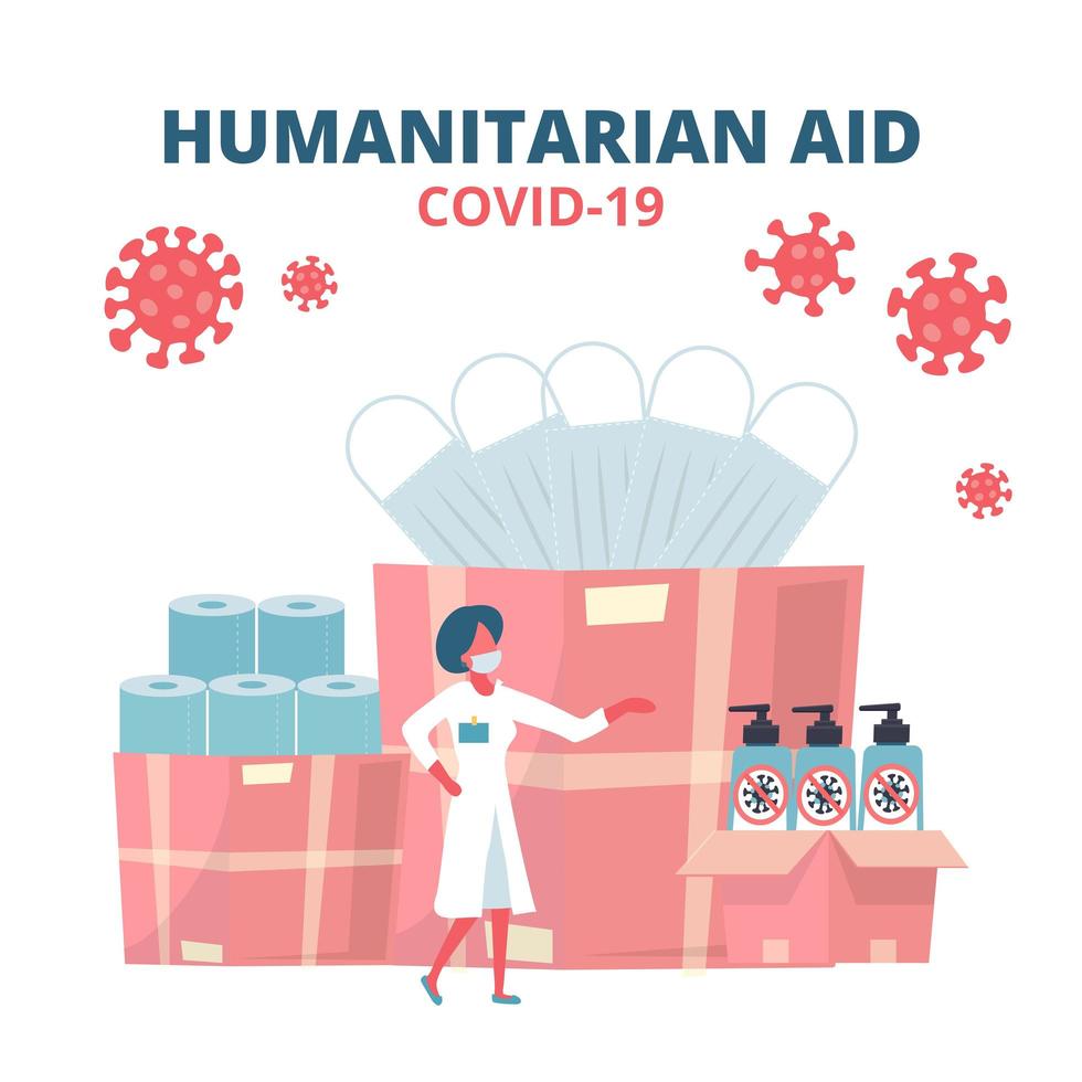 Humanitarian Support, Goodwill Mission in Suffering from Coronavirus Epidemic, Intentional Help, Supplying Masks, Sanitizer gel and toilet paper Concept. Doctor Unloading, Carrying Boxes Flat Vector