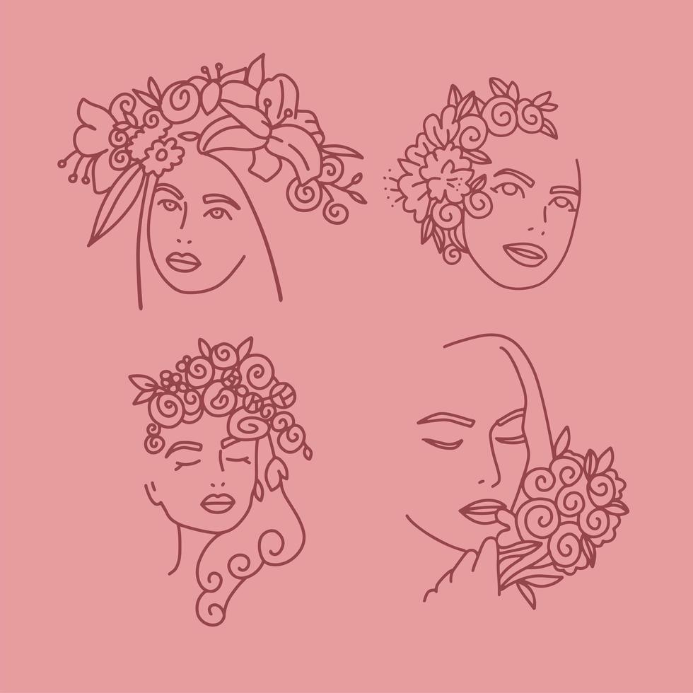 cara de mujer con flores colección de dibujo de una línea. arte de dibujo de retrato de línea continua. ramo de flores en cabeza de mujer arte de una sola línea. ilustración vectorial lineal. cosmética natural. vector minimalista