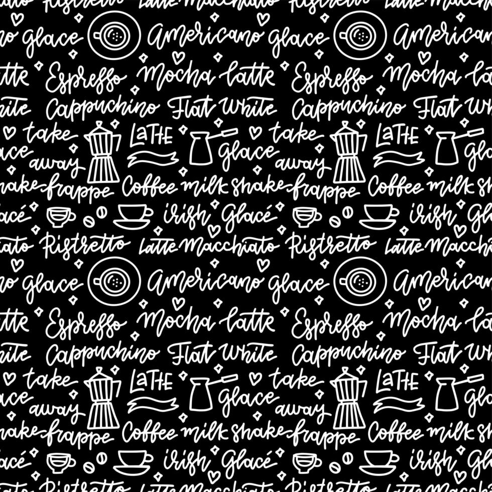 Coffee iseamless pattern. Coffee shop backdrop with lettering text COFFEE, CAPPUCINO, SHOP, ESPRESSO. Doodle style hand drawn words and illustrations. vector