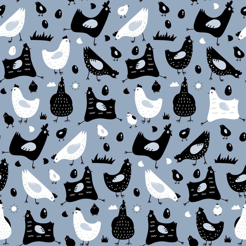 Seamless pattern with hen and chicken simple illustrations, perfect for textile, paper print, easter or else. Scandinavian retro vector vintage style design.