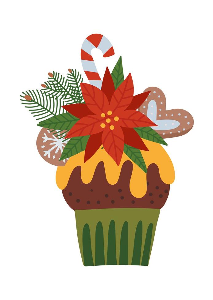 Homemade festive cheerful cupcake. Christmas holiday muffin decorated with poinsettia. lillypop, gingerbread cookie. Flat hand drawn vector illustration