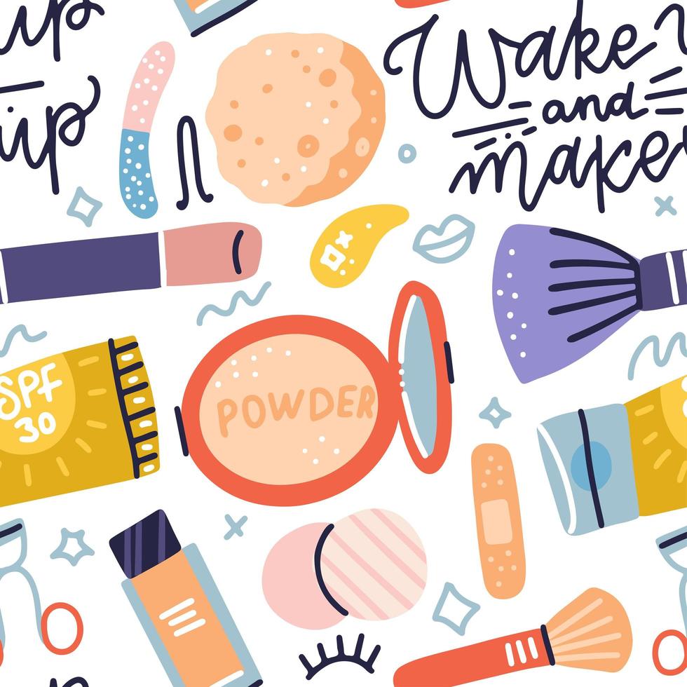 Seamless pattern with makeup tools, brushes, cream, powder and lettering - Wake up and makeup. Colorful cosmetics background. Vector Flat hand drawn icons illustration