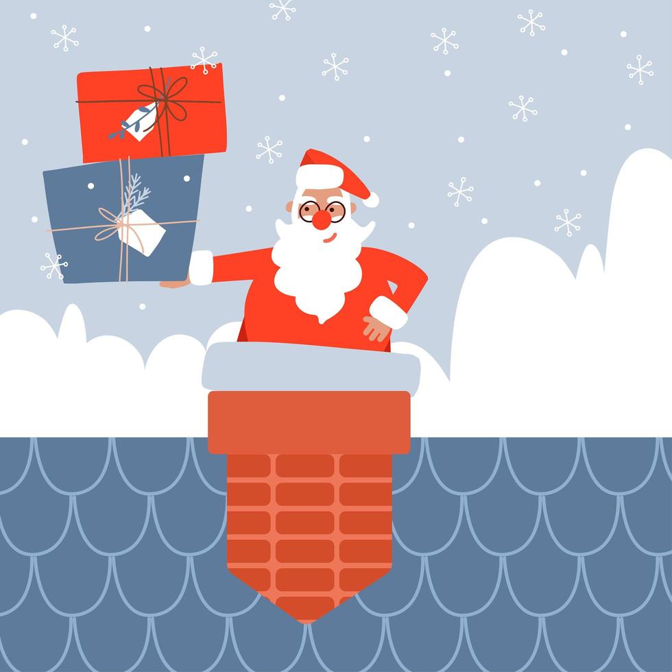 Trendy Santa Claus sitting on chimney stuck or smoke funnel. Christmas holiday character holding gift boxes on brick pipe. Merry Christmas flat vector illustration.